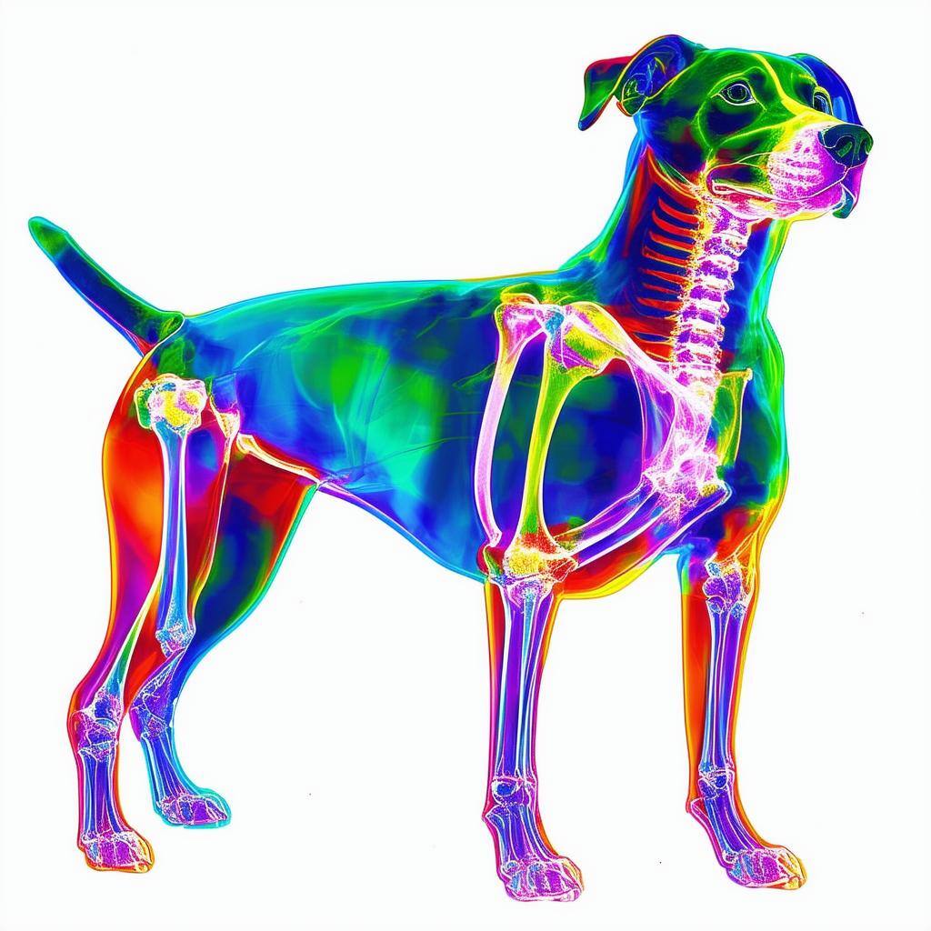 Increasing Volume of Xrays of canine in colors against a white background